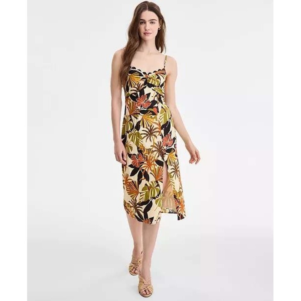 Row-a Womens Midi Dress L Multicolor Tropical Floral Smocked Back Side Slit NWT
